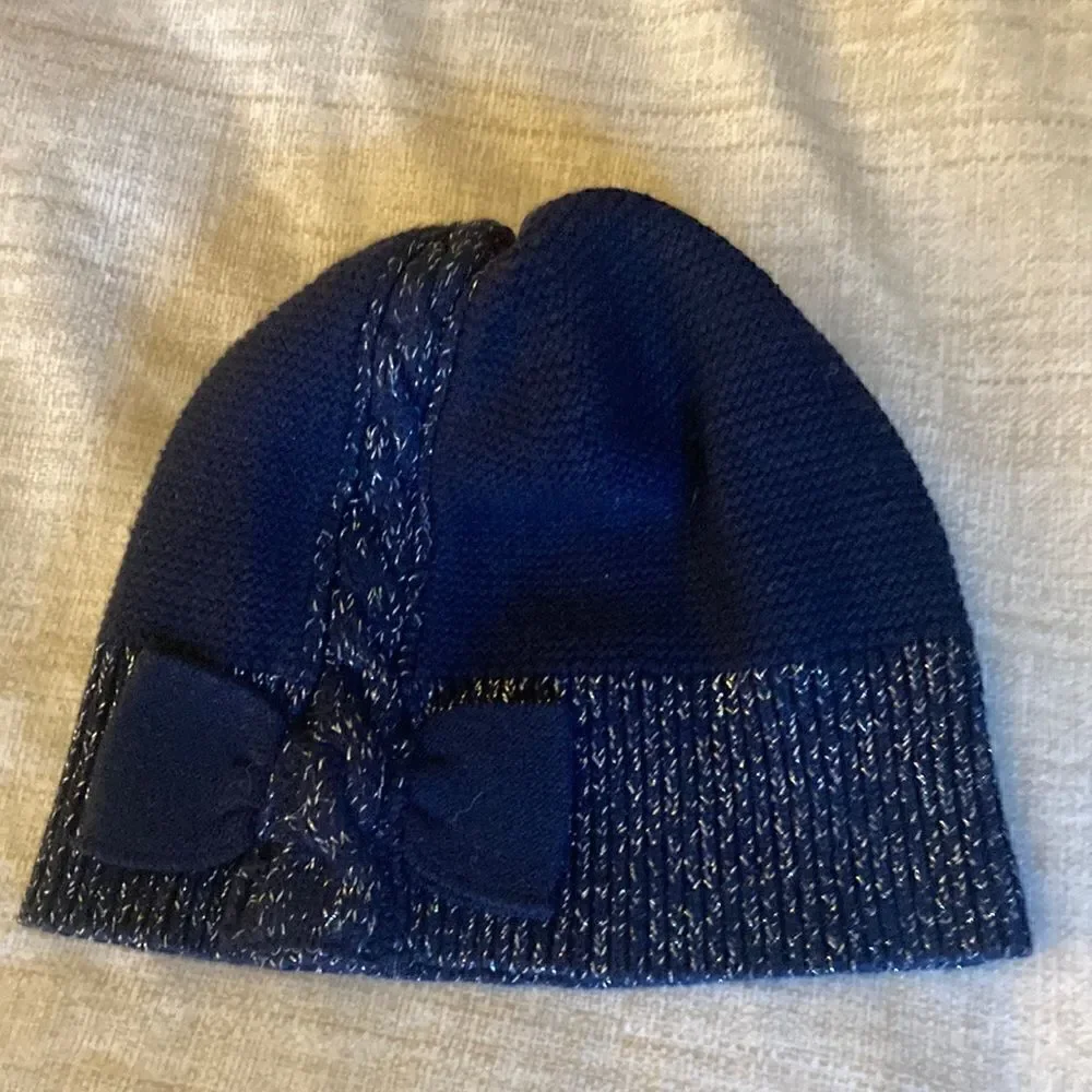 Jacadi Girls Matching Embellished Scarf & Hat Set in Navy / Gold Metallic.